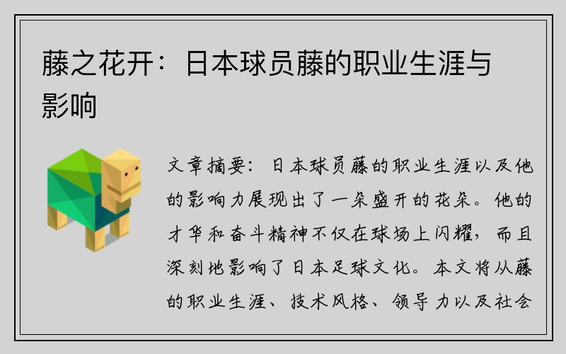 藤之花开：日本球员藤的职业生涯与影响