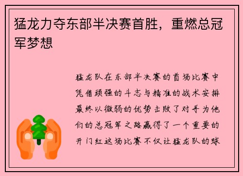 猛龙力夺东部半决赛首胜，重燃总冠军梦想