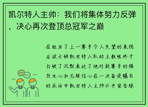 凯尔特人主帅：我们将集体努力反弹，决心再次登顶总冠军之巅