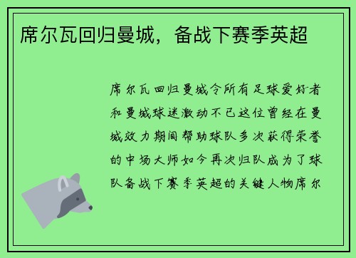 席尔瓦回归曼城，备战下赛季英超