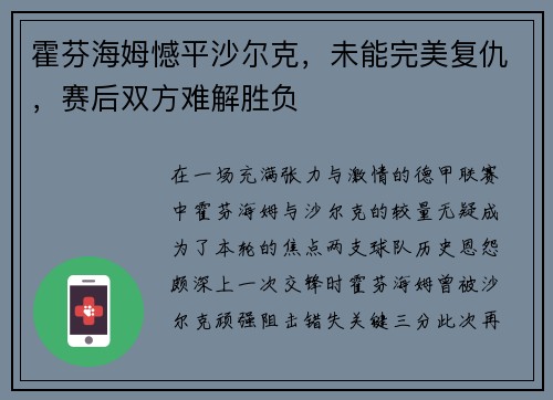 霍芬海姆憾平沙尔克，未能完美复仇，赛后双方难解胜负